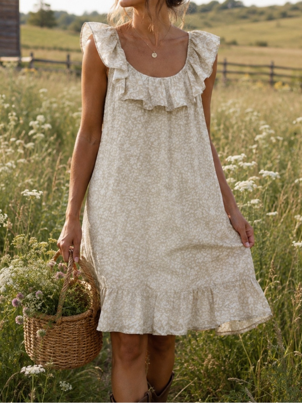 Abercrombie & Fitch Floral Ruffle Scoopneck A-Line Mini Dress Preppy Tan Smal